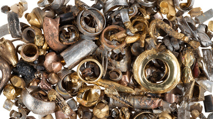 Collection of mixed metal scrap background isolated on a Transparent background, PNG file.