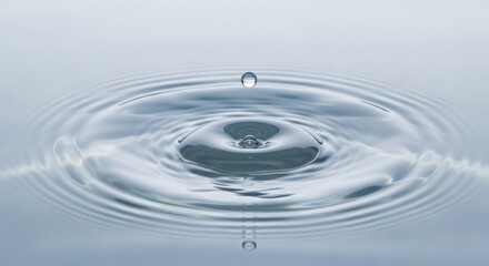 Water drop impact creating concentric ripples on a serene, light blue surface