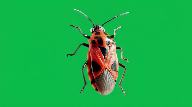 Red and black insect on green background