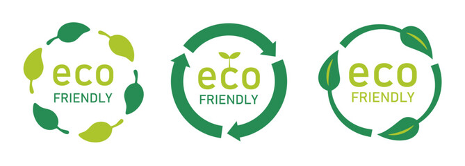 eco friendlyと書かれたサークル型のアイコンセット（エコ 環境 サステナブル 表示マーク ベクター）