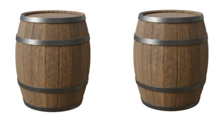 Isolated Illustration of Two Wooden Barrels for Liquid Storage on Transparent