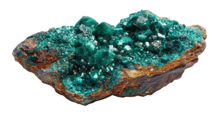 Dioptase green copper mineral lump background isolated on a Transparent background, PNG file.