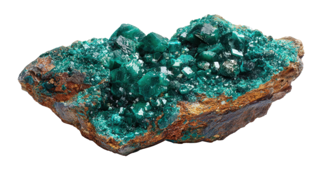 Dioptase green copper mineral lump background isolated on a Transparent background, PNG file.