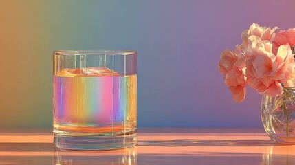 Iridescent Hydration: Drink in Glass with Colorful Reflection and Carnations