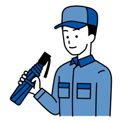 Obraz premium 折り畳み傘を持つつなぎ作業服の男性