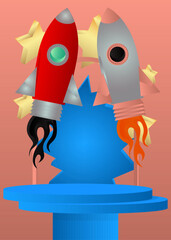 Mockup product display with Rocketship. Vector cylinder pedestal podium. Stage showcase for presentation. Minimal geometric forms.