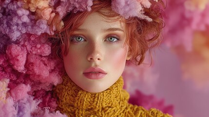 Redhead Woman with Pastel Clouds - Dreamy Fashion Portrait