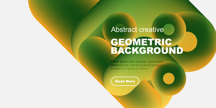 Abstract fluid shapes, green hues dominate design. Text promotes geometric background, includes call to action button.