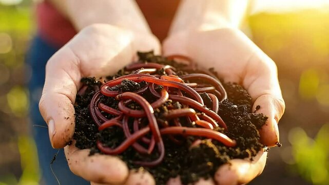 Hands Holding Earthworms and Soil for Gardening