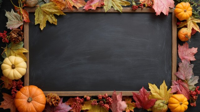 Autumn leaves and pumpkins framing blank black chalkboard background, banner with copy space - Powered by Adobe