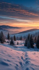 Vertical photo of aesthetic snowy mountain landscape at sunset with footprints in the snow  