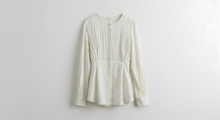 White Long Sleeve Blouse with Pleats Hanging on White Background