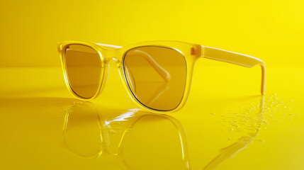Modern yellow-tinted sunglasses with clear frames are stylishly placed on a shiny yellow surface with water droplets, creating a vibrant and refreshing summer aesthetic.