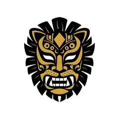 Obraz premium vector style illustration of a black and gold Mexican wrestling mask made to look like a lion, king of the jungle, lion head, stylized lion, graphic illustration, jungle animal, lucha libre