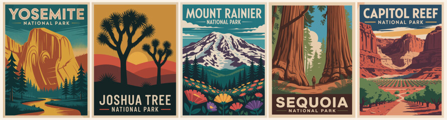 Set of USA National Parks travel posters in retro Mid Century Modern style. Includes Joshua Tree, Yosemite, Sequoia, Mount Rainier, Capitol Reef vintage landscapes. Flat vector art illustrations