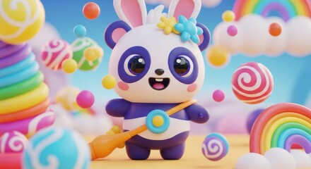 Fototapeta premium Cute Bunny Panda Character Surrounded by Sweet Candies and Rainbows