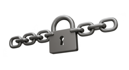 Isolated 3D Render of Silver Padlock and Chain Security Concept