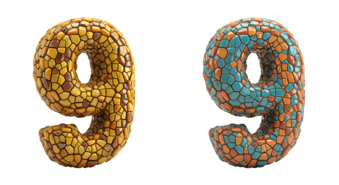 Isolated 3D Render of Mosaic Pattern Number Nine on Transparent Backdrop