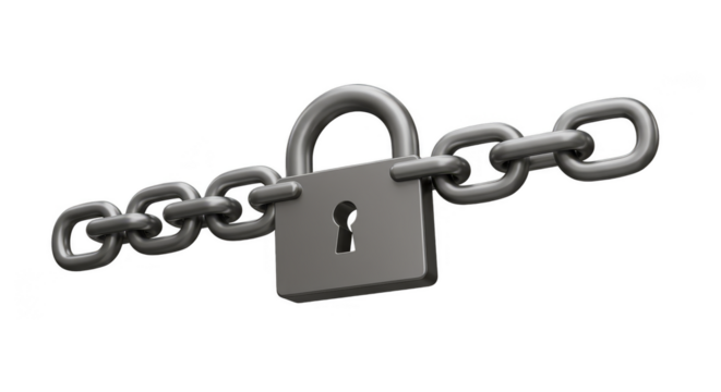 Isolated 3D Render of Silver Padlock and Chain Security Concept