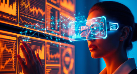Woman wearing futuristic glasses interacting with data screens orange and blue lighting concept technology
