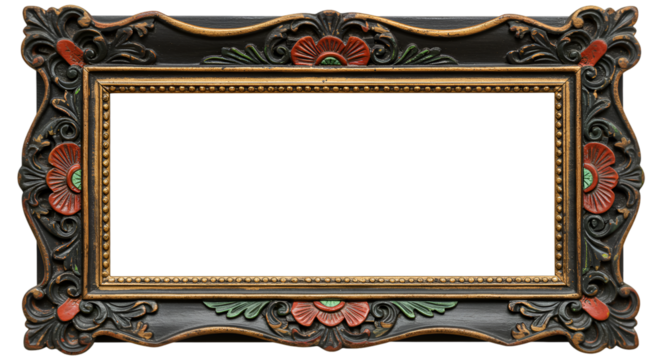 Isolated Ornate Black Picture Frame with Gold Border and Red Accents