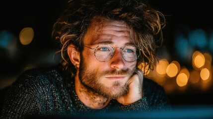 Young Man with Glasses Working at Night, Focus and Determination