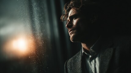 Pensive Man Looks Out Rainy Window, Dark and Moody Portrait