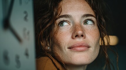Close-Up Portrait of Young Woman with Freckles, Looking Up at Clock