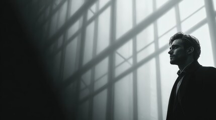 Pensive Young Businessman Standing by Foggy Window, BW Portrait