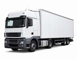 White Semi-Truck with Box Trailer on White Background - Modern Freight Transport