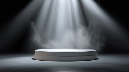 A dramatic spotlight burst ray pierces through swirling smoke, illuminating a pristine round white podium against a dark background, creating an intense and focused presentation setting.