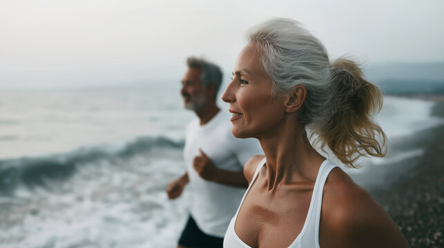 Elderly caucasian couple jogging on beach at sunrise