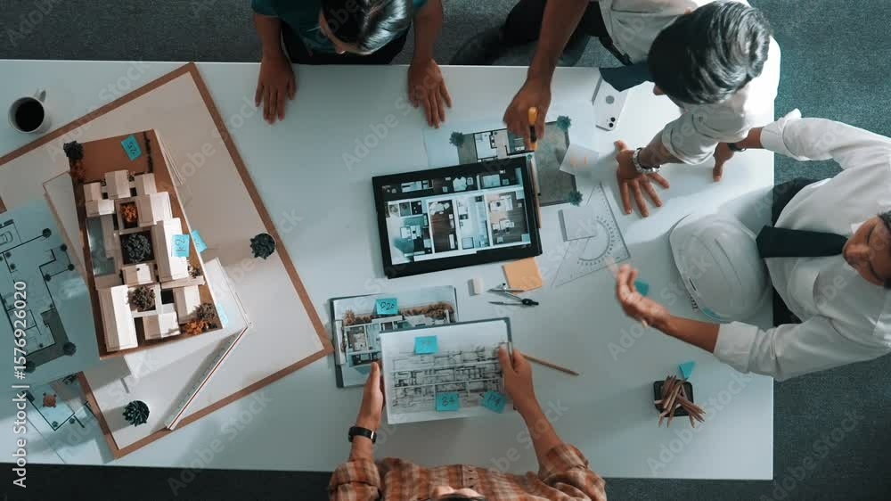 Poster top down view of architect engineer team discussing and point at tablet display construction at tabl