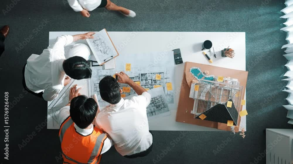 Poster top down view of skilled architect engineer working together to plan building at meeting table. aeri