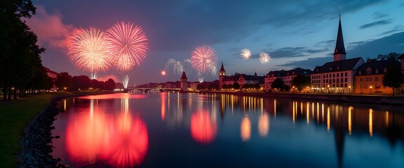 Feuerwerk über Schweizer Stadt am Flussufer bei Nacht
