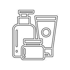 Simple and clean icon set of skin care products for apps, websites, and guides. Includes lotion, face wash, serum, and sunscreen.