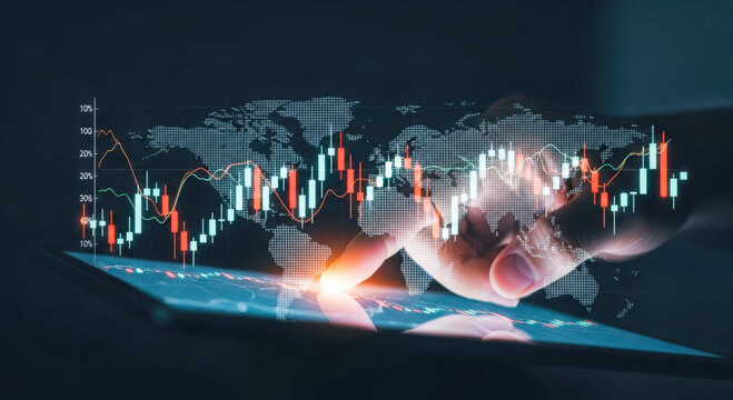 Finger touching tablet screen displaying stock market data with world map overlay and candlestick charts