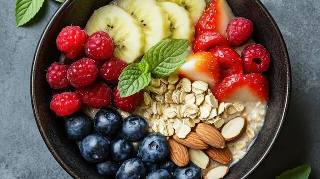 Oatmeal bowl with berries, kiwi, almonds, and mint