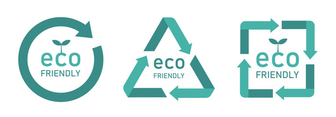 eco friendlyと書かれたサークル型のアイコンセット（エコ 環境 サステナブル 表示マーク ベクター）