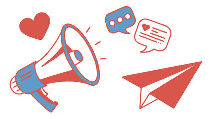 Digital marketing communication concept with megaphone heart paper airplane and social media chat bubbles