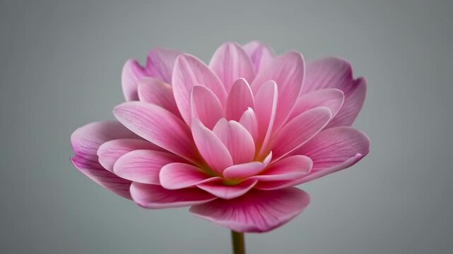 A close-up view of a pink lotus flower blooming gracefully, showcasing its delicate petals and vibrant colors against a soft grey backdrop, symbolizing beauty and tranquility in nature.