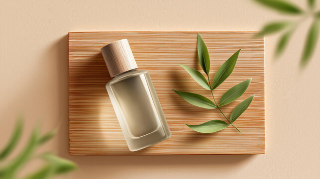 A tiny, transparent perfume bottle with a matte wooden cap rests elegantly on a natural wooden bamboo tray, accented by fresh green leaves, all set against a soft beige background, evoking natural bea