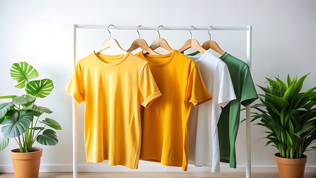 Colorful tshirts neatly arranged on a clothing rack