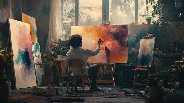 Artist paints abstract artwork in sunlit studio