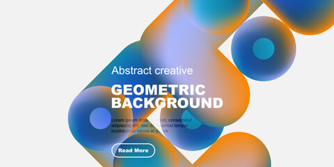 Abstract geometric shapes overlap, creating vibrant background. Text promotes creative design, includes call to action button.