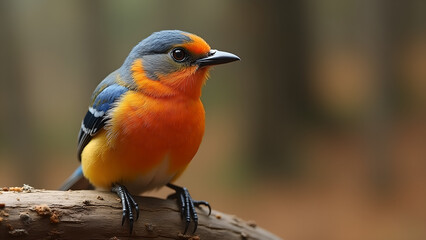 Fototapeta premium Close up of a colorful orange bird perched on a branch in a forest setting with blurred background