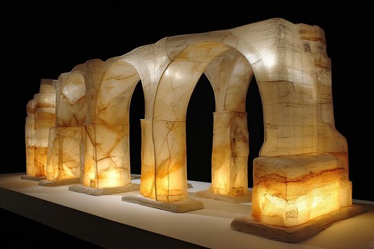 Sculptural archway, crafted from translucent light beige stone, lit from within