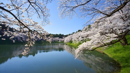 Beautiful cherry blossom season in japan with blooming sakura trees by the lake water view