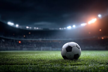 Soccer ball on a soccer field at night in a stadium