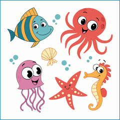 Hand drawn flat design sea animals collection